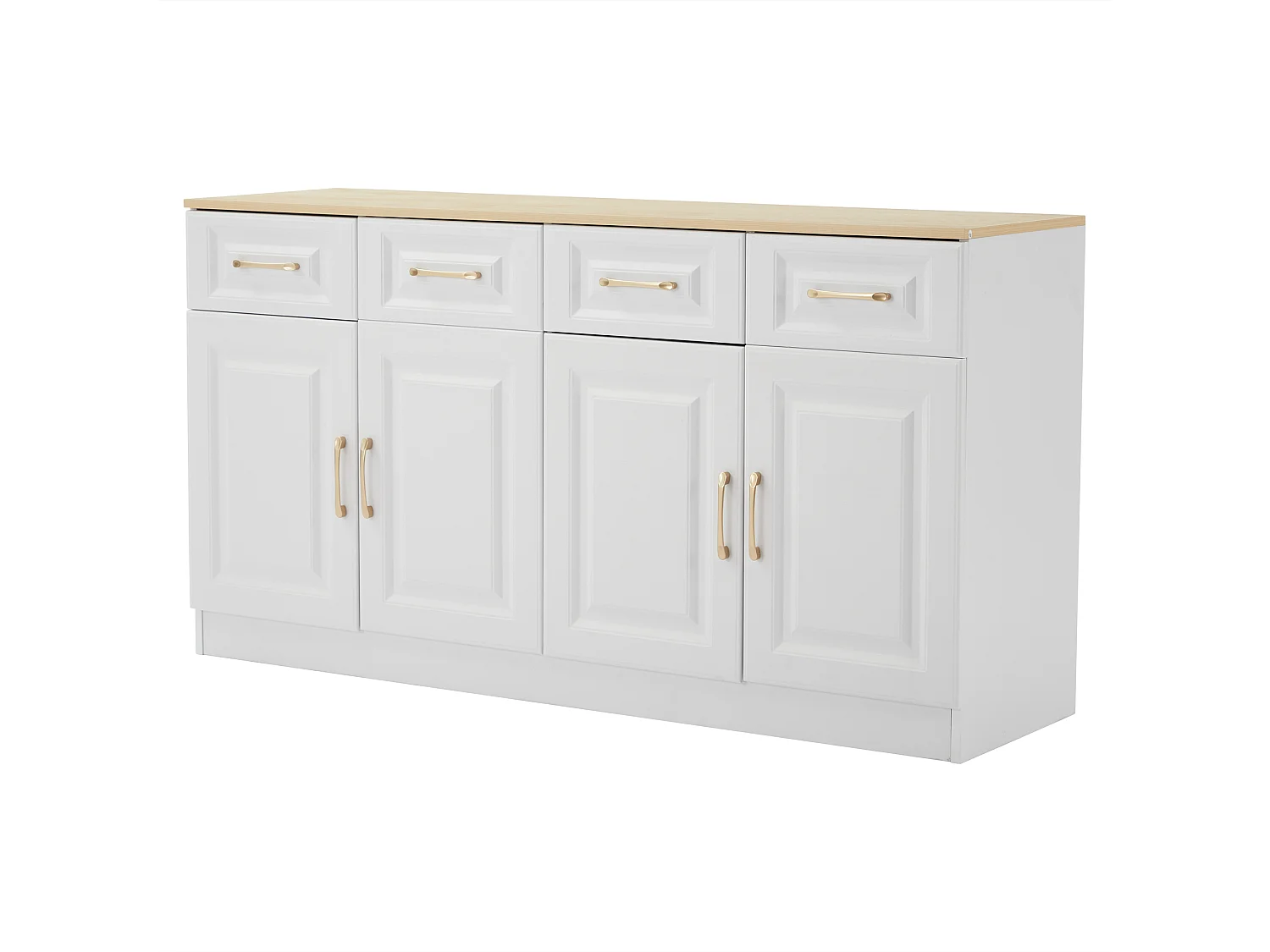 Credenza da cucina 140x40x75cm con 4 cassetti e ante, maniglie dorate, bianco e naturale chiaro
