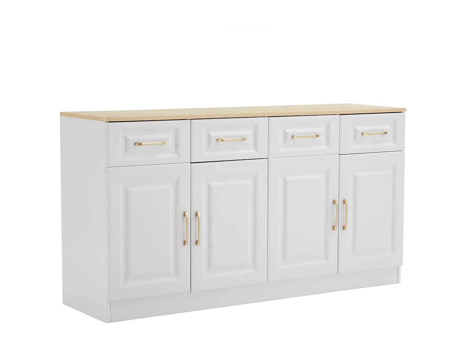 Credenza da cucina 140x40x75cm con 4 cassetti e ante, maniglie dorate, bianco e naturale chiaro