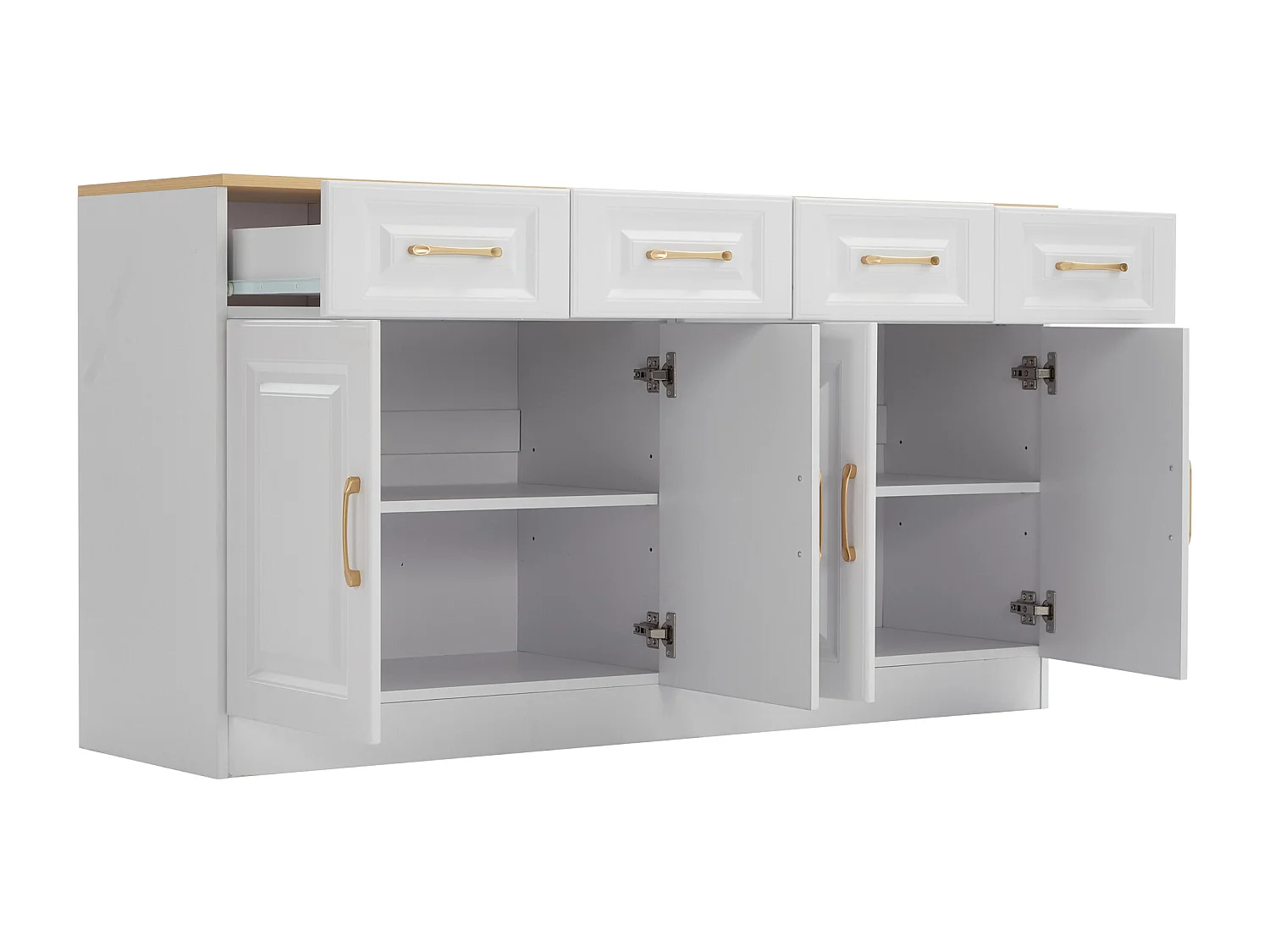 Credenza da cucina 140x40x75cm con 4 cassetti e ante, maniglie dorate, bianco e naturale chiaro