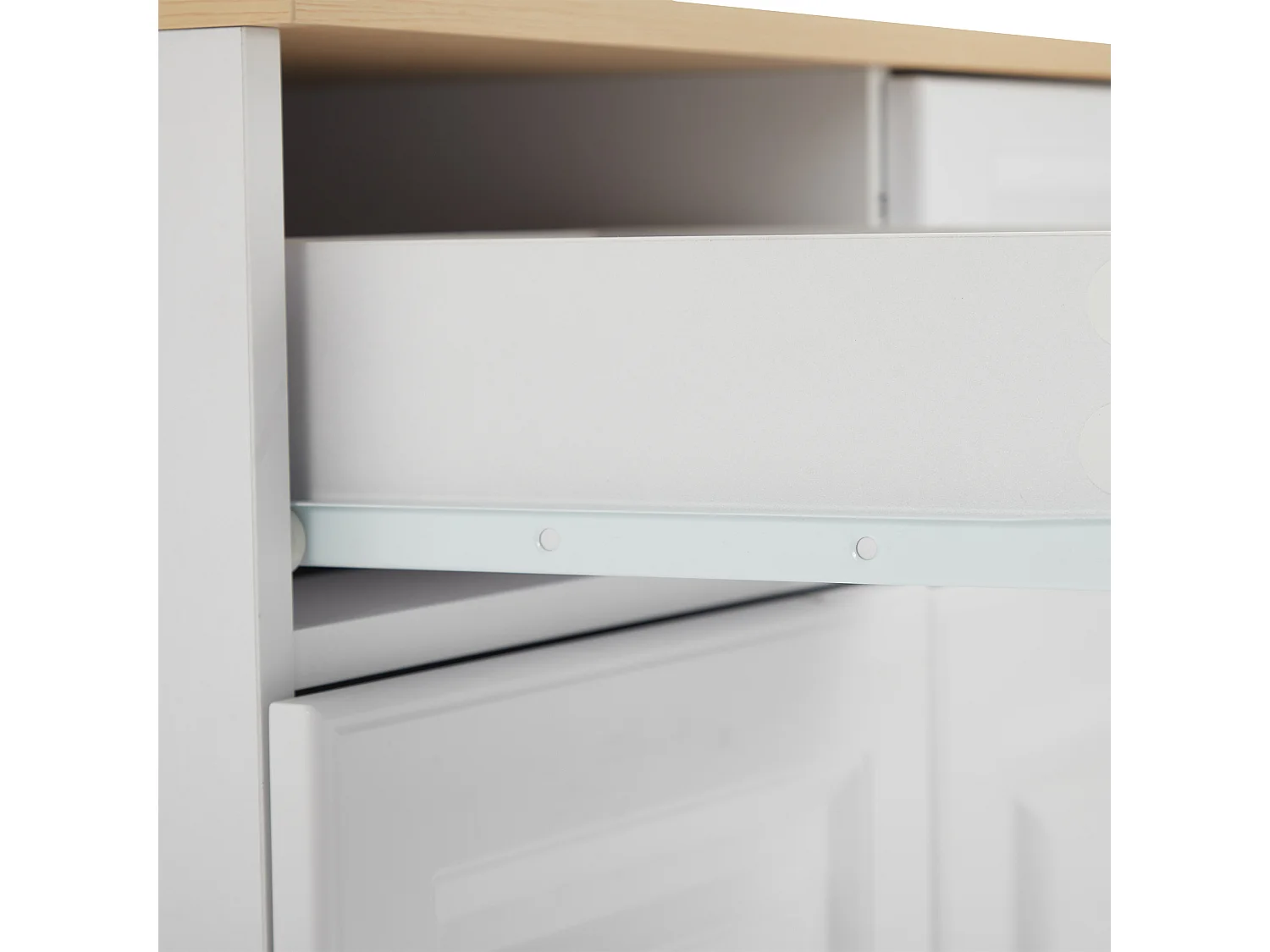 Credenza da cucina 140x40x75cm con 4 cassetti e ante, maniglie dorate, bianco e naturale chiaro