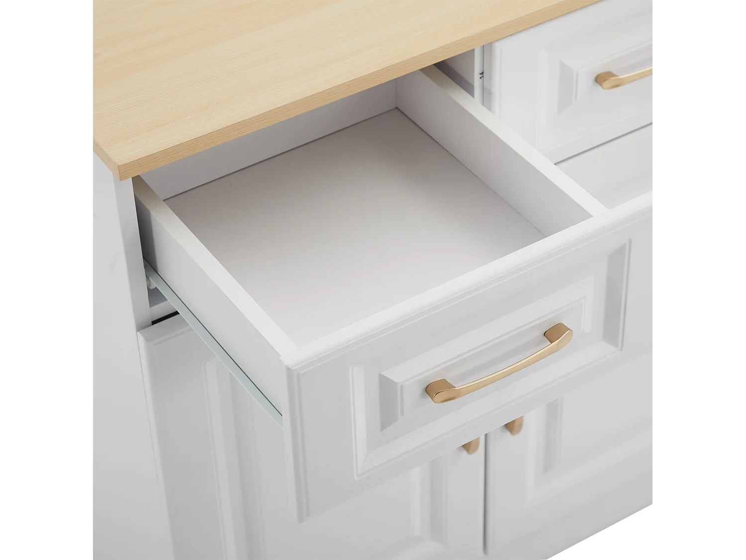 Credenza da cucina 140x40x75cm con 4 cassetti e ante, maniglie dorate, bianco e naturale chiaro