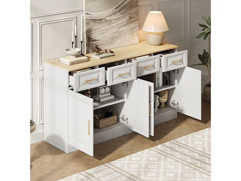 Keuken dressoir 140x40x75cm met 4 lades en deuren, gouden handgrepen, wit en licht naturel