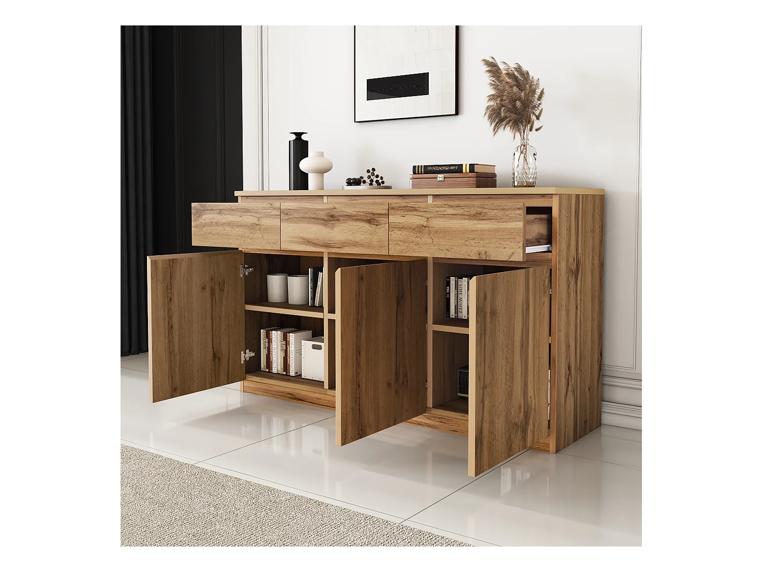 Buffet 135x40x81cm avec 3 tiroirs et 3 portes, corps en bois naturel clair