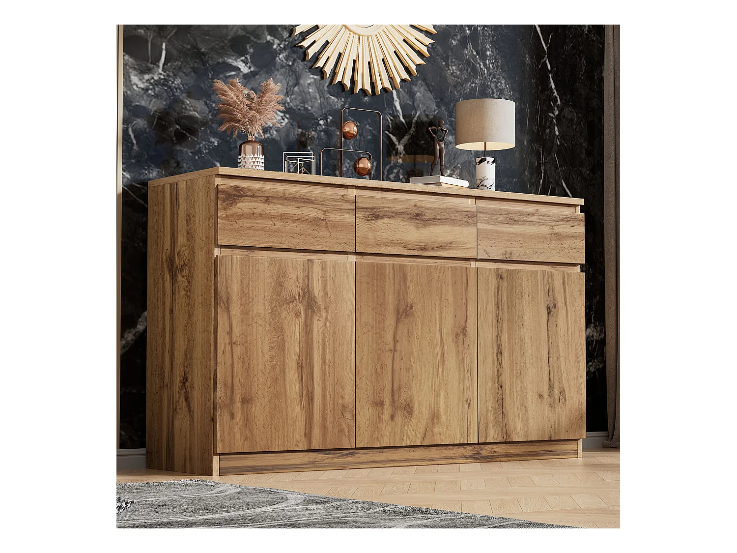 Buffet 135x40x81cm avec 3 tiroirs et 3 portes, corps en bois naturel clair