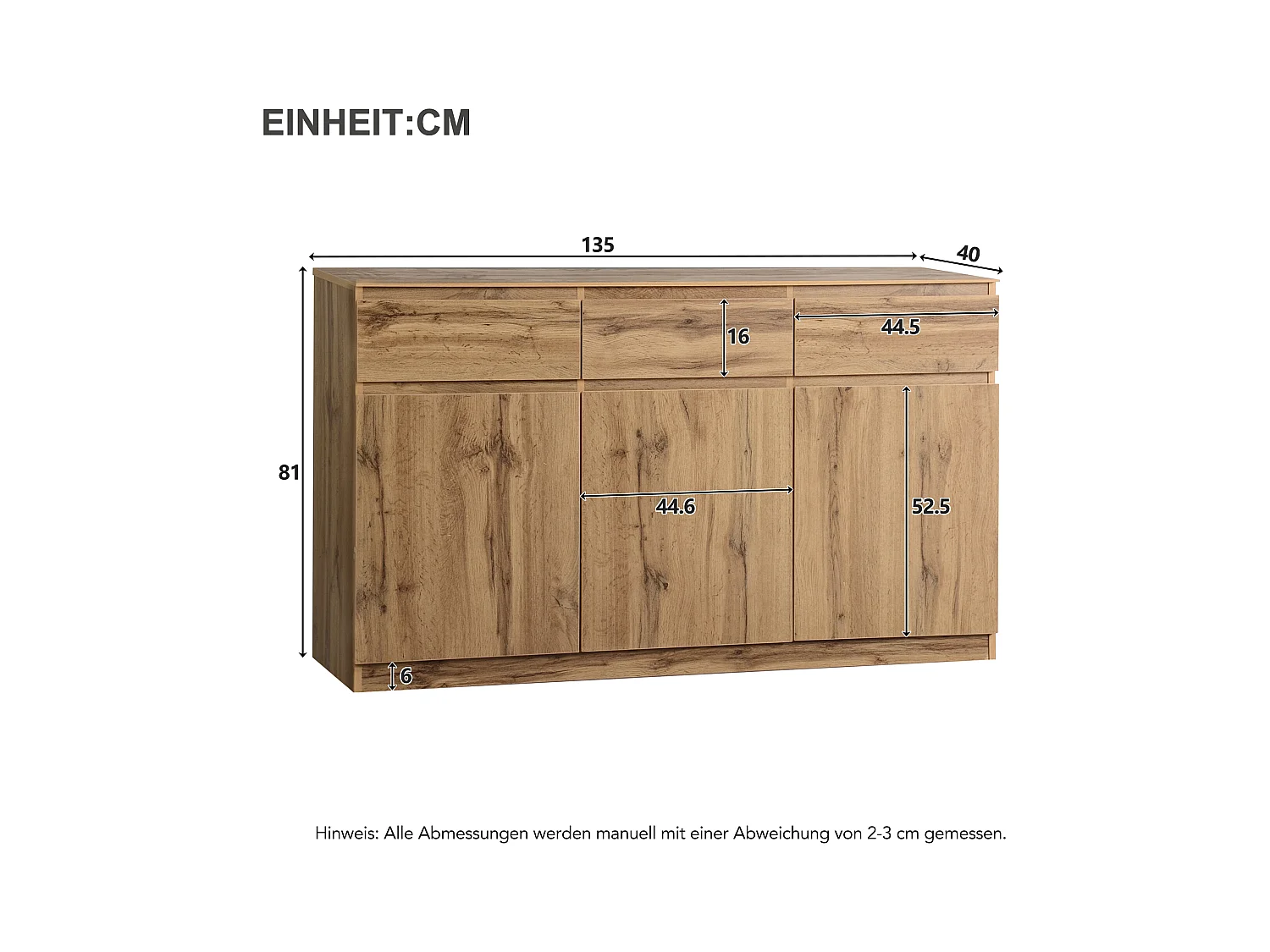 Buffet 135x40x81cm avec 3 tiroirs et 3 portes, corps en bois naturel clair
