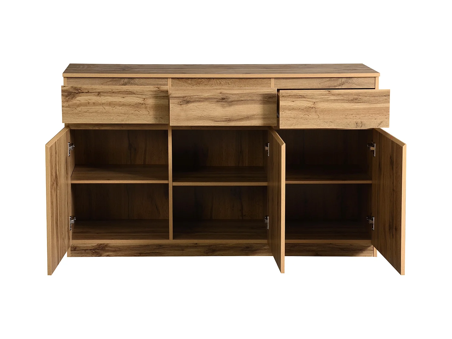 Buffet 135x40x81cm avec 3 tiroirs et 3 portes, corps en bois naturel clair