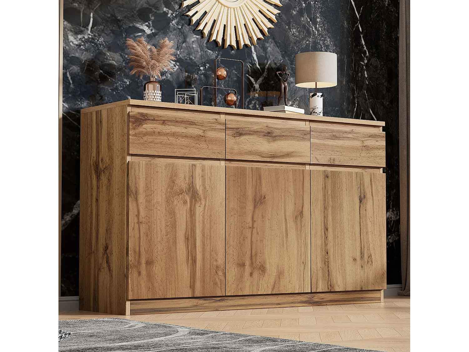 Buffet 135x40x81cm avec 3 tiroirs et 3 portes, corps en bois naturel clair