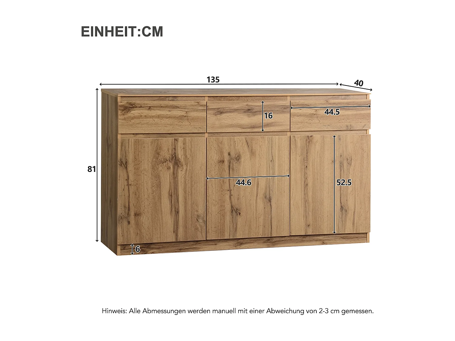 Buffet 135x40x81cm avec 3 tiroirs et 3 portes, corps en bois naturel clair