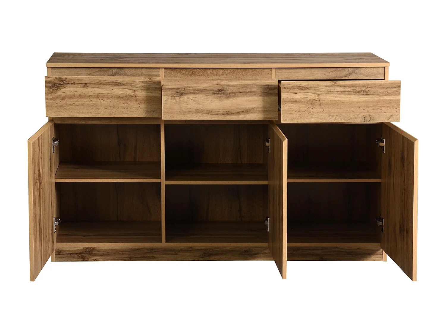 Buffet 135x40x81cm avec 3 tiroirs et 3 portes, corps en bois naturel clair