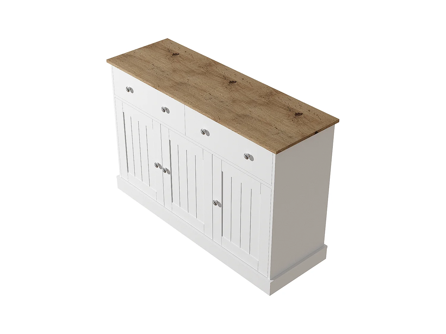 Credenza 120x36x80,5cm con 2 cassetti e 3 ante, piano in legno naturale chiaro, corpo bianco con maniglie argentate