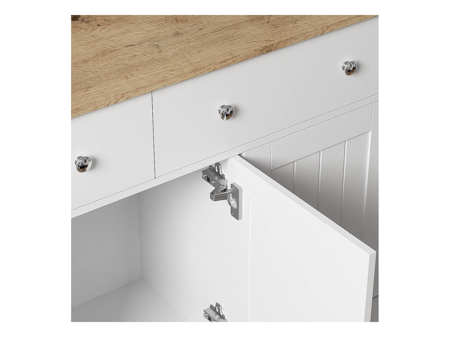 Credenza 120x36x80,5cm con 2 cassetti e 3 ante, piano in legno naturale chiaro, corpo bianco con maniglie argentate