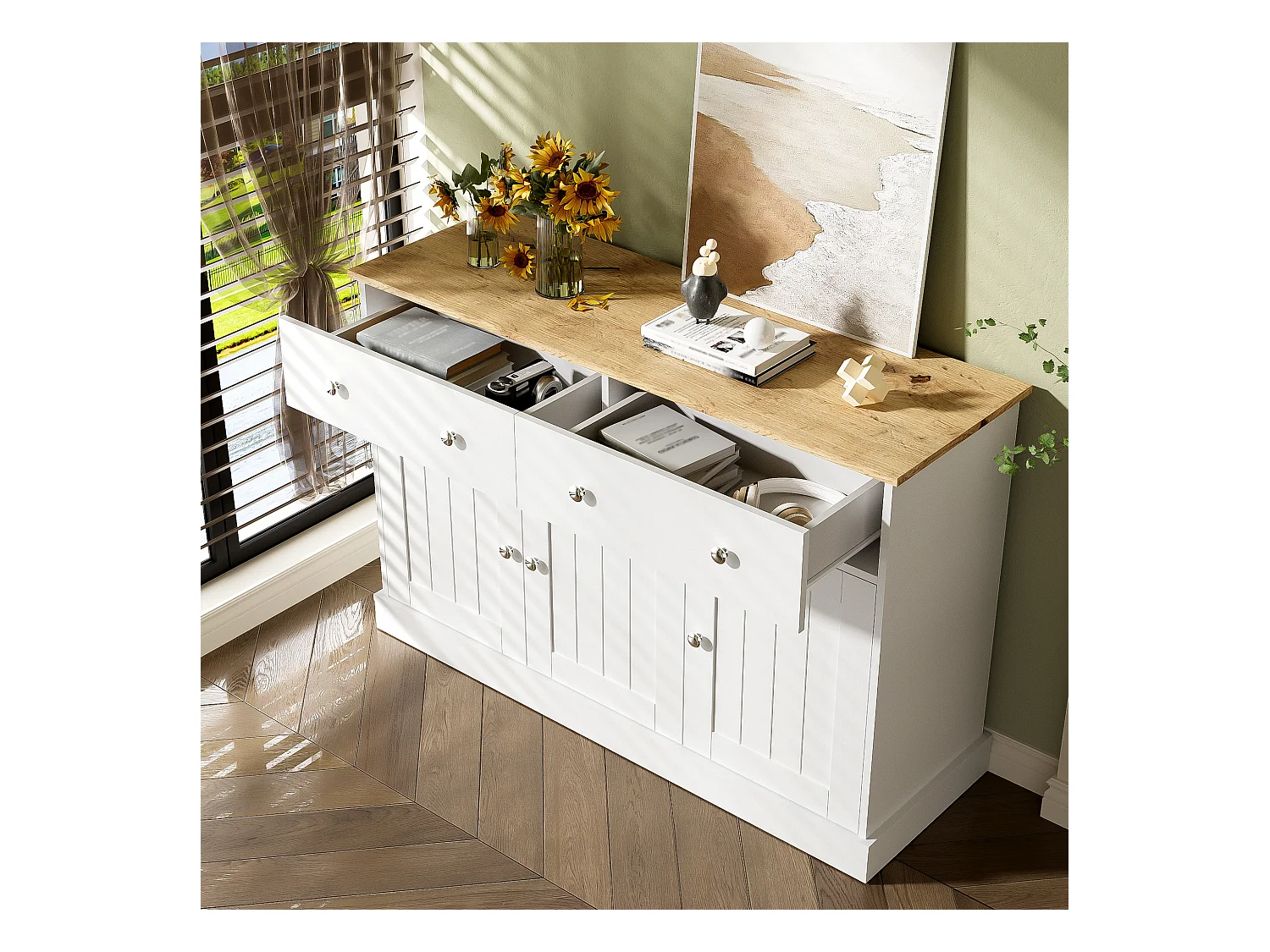 Buffet 120x36x80.5cm avec 2 tiroirs et 3 portes, plateau en woodgrain naturel clair, corps blanc avec poigneés argenté