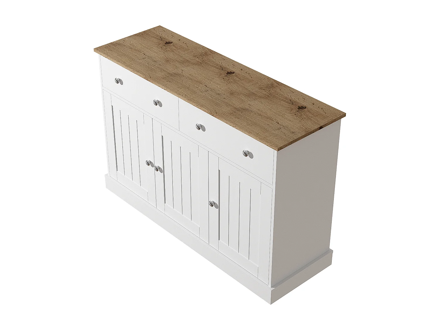 Buffet 120x36x80.5cm avec 2 tiroirs et 3 portes, plateau en woodgrain naturel clair, corps blanc avec poigneés argenté