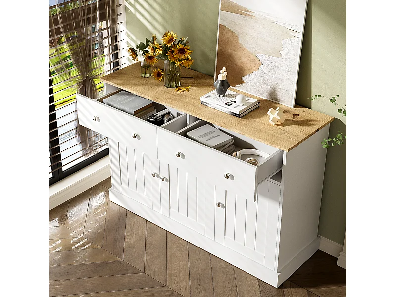 Buffet 120x36x80.5cm avec 2 tiroirs et 3 portes, plateau en woodgrain naturel clair, corps blanc avec poigneés argenté