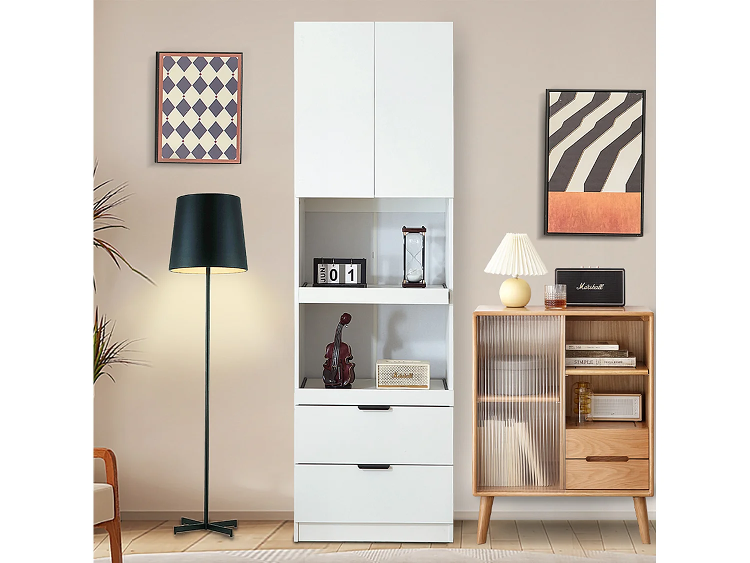 Hoge keukenkast 59,5x45x200cm met 2 lades, 2 deuren en 2 nissen, wit