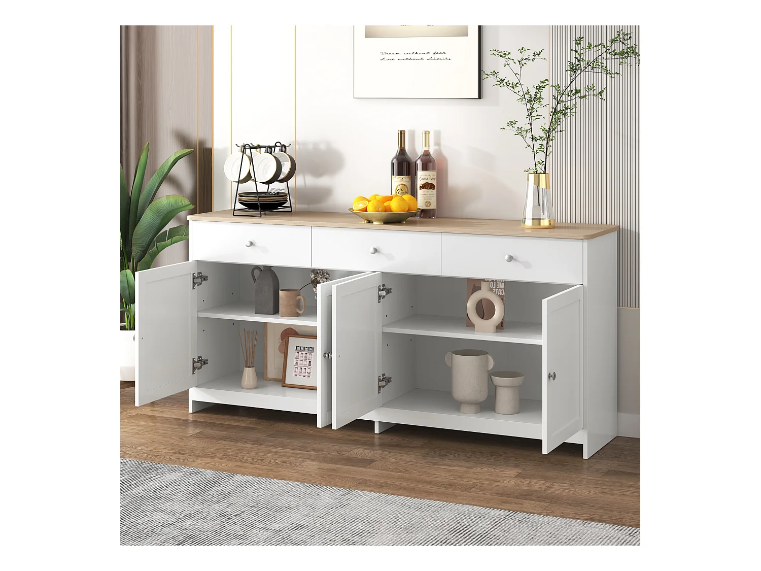 Buffet 160x37x75cm avec 4 portes et 3 tiroirs, blanc, plateau en finition bois naturel
