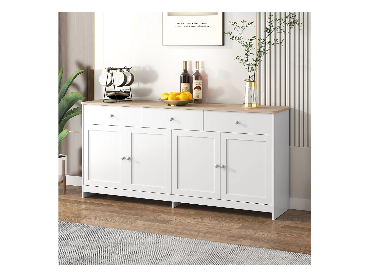 Buffet 160x37x75cm avec 4 portes et 3 tiroirs, blanc, plateau en finition bois naturel