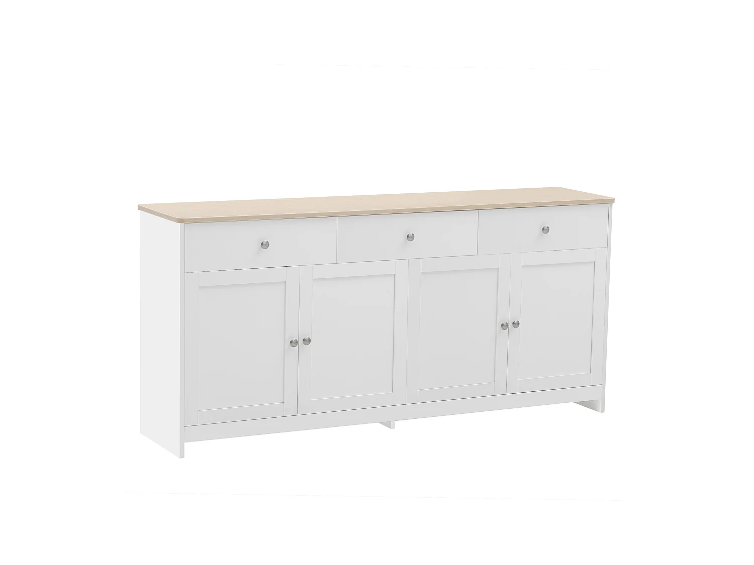 Buffet 160x37x75cm avec 4 portes et 3 tiroirs, blanc, plateau en finition bois naturel