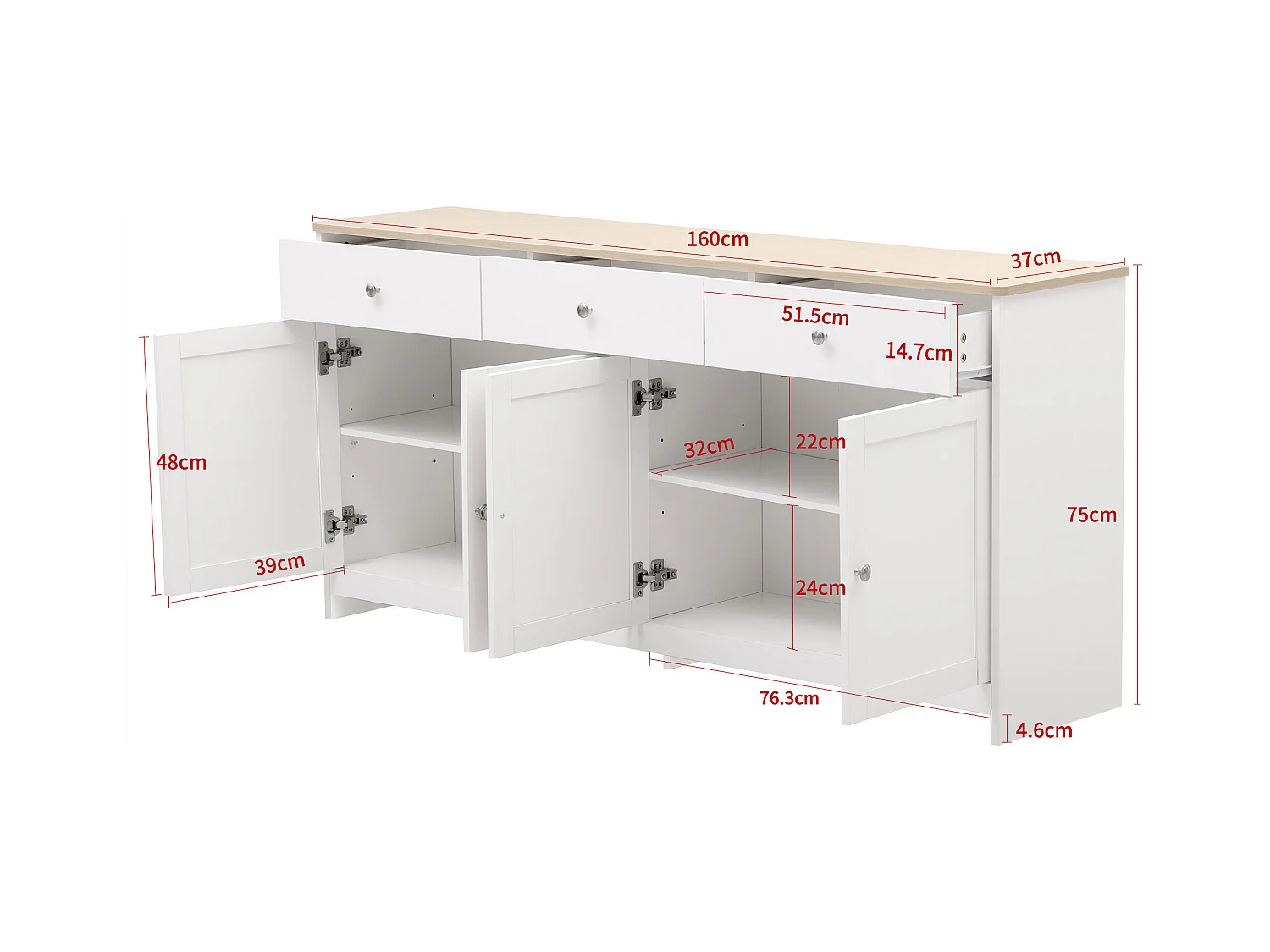 Buffet 160x37x75cm avec 4 portes et 3 tiroirs, blanc, plateau en finition bois naturel