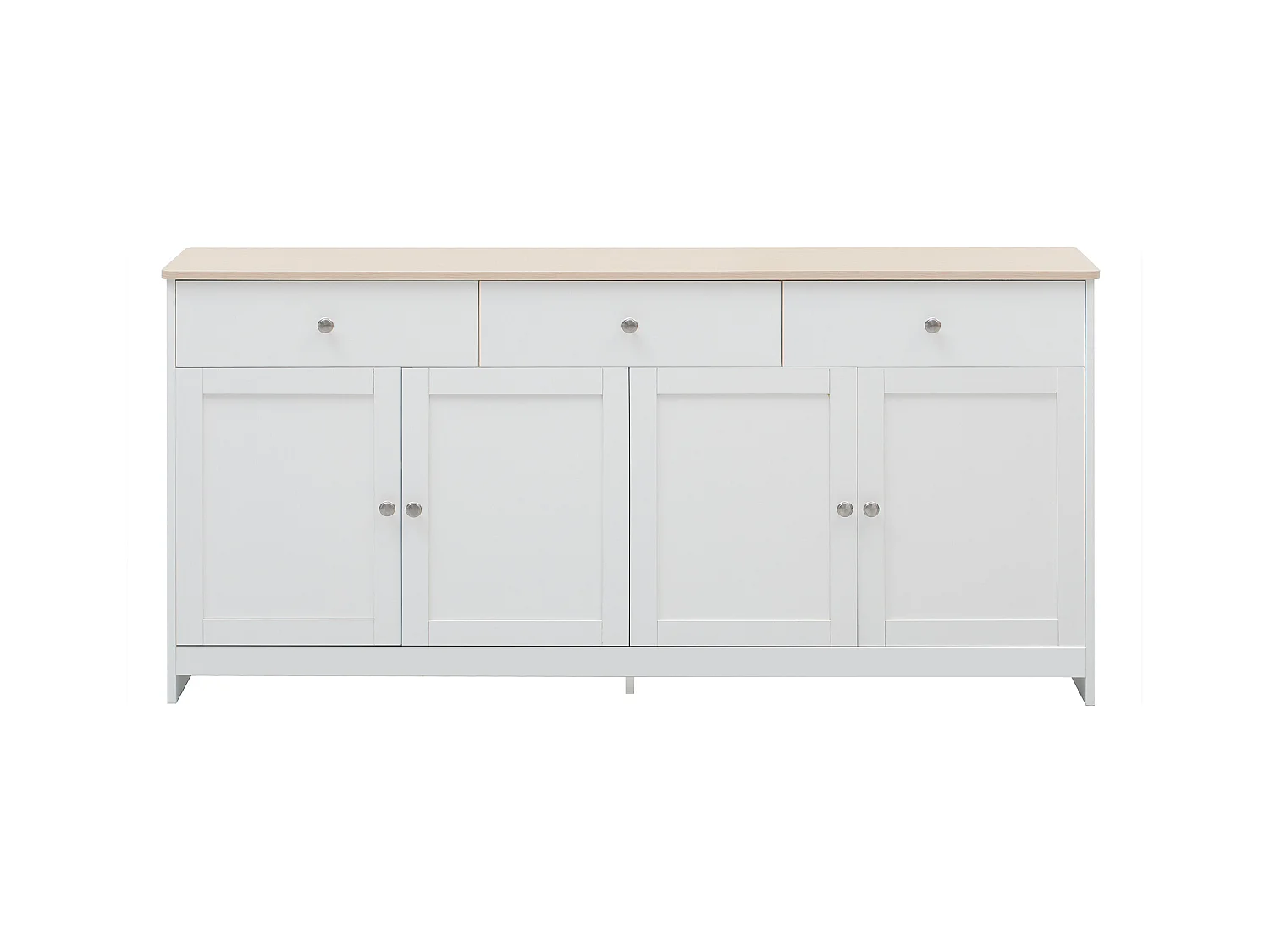 Buffet 160x37x75cm avec 4 portes et 3 tiroirs, blanc, plateau en finition bois naturel