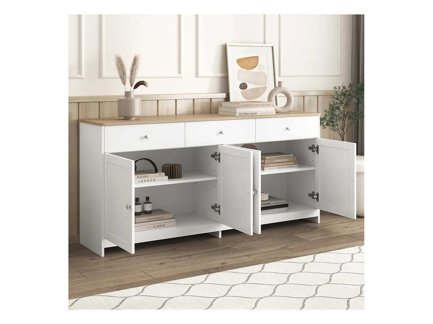Buffet 160x37x75cm avec 4 portes et 3 tiroirs, blanc, plateau en finition bois naturel