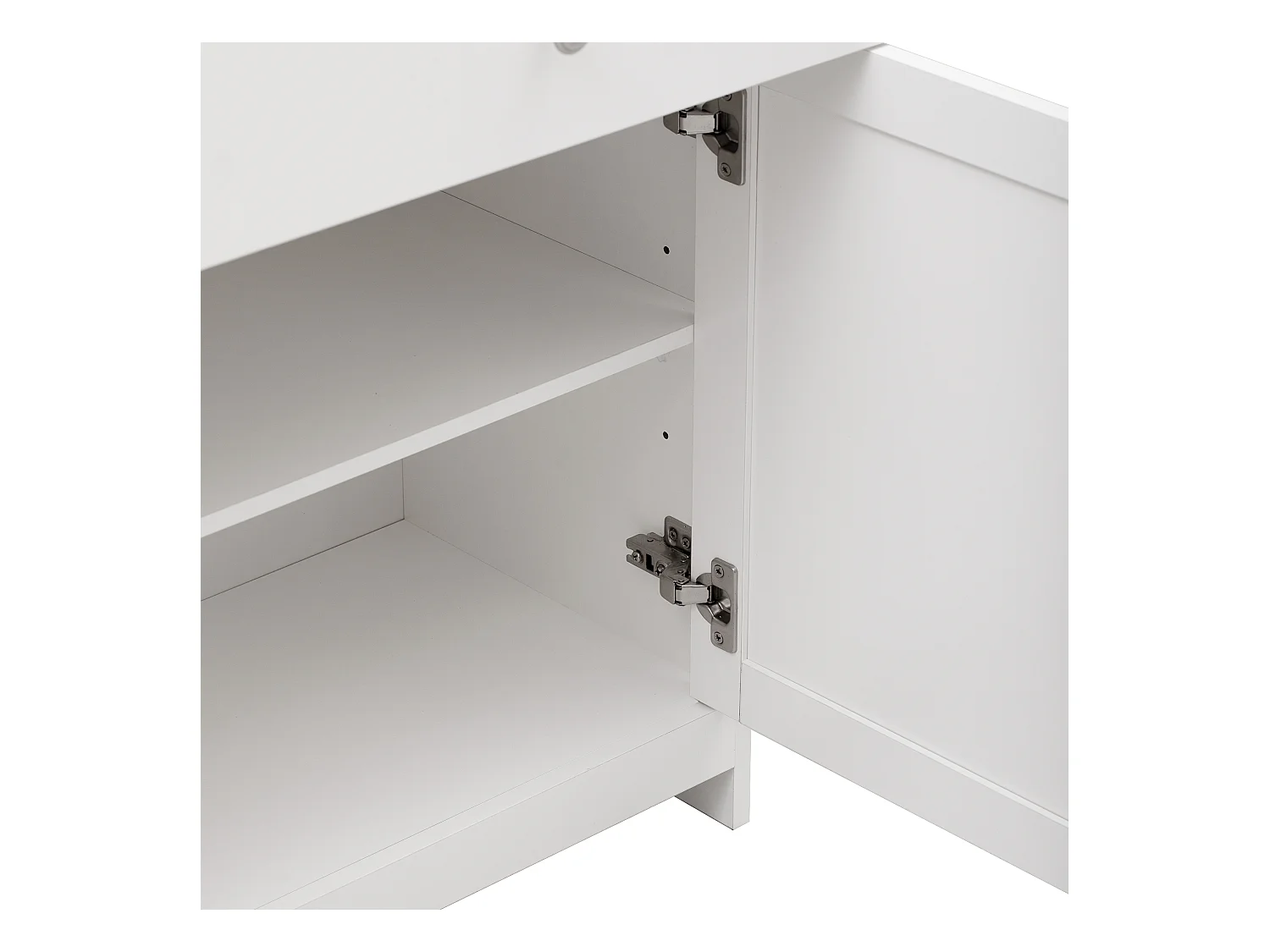 Buffet 160x37x75cm avec 4 portes et 3 tiroirs, blanc, plateau en finition bois naturel