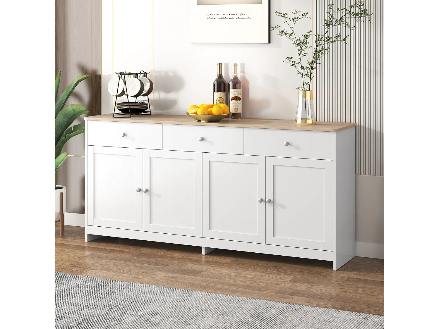 Buffet 160x37x75cm avec 4 portes et 3 tiroirs, blanc, plateau en finition bois naturel