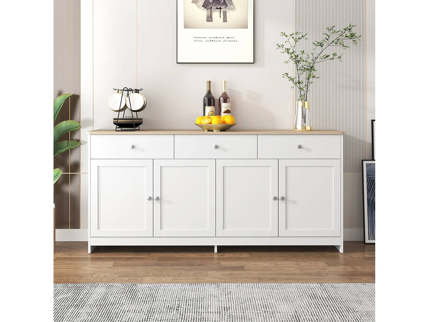 Buffet 160x37x75cm avec 4 portes et 3 tiroirs, blanc, plateau en finition bois naturel