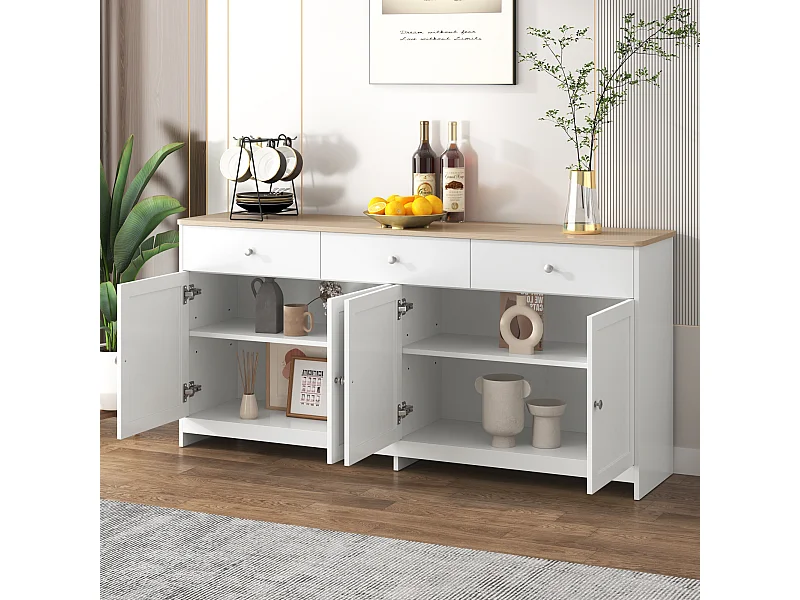 Buffet 160x37x75cm avec 4 portes et 3 tiroirs, blanc, plateau en finition bois naturel