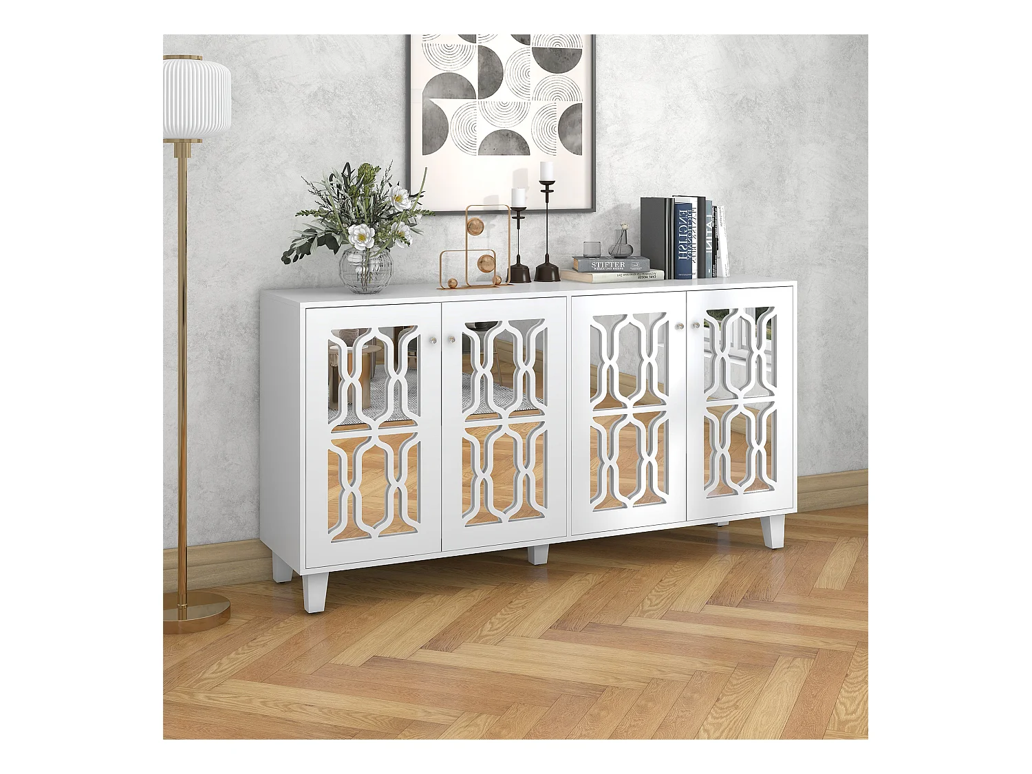 Buffet 160x40x84cm avec 4 portes en miroir, corps en blanc laqué