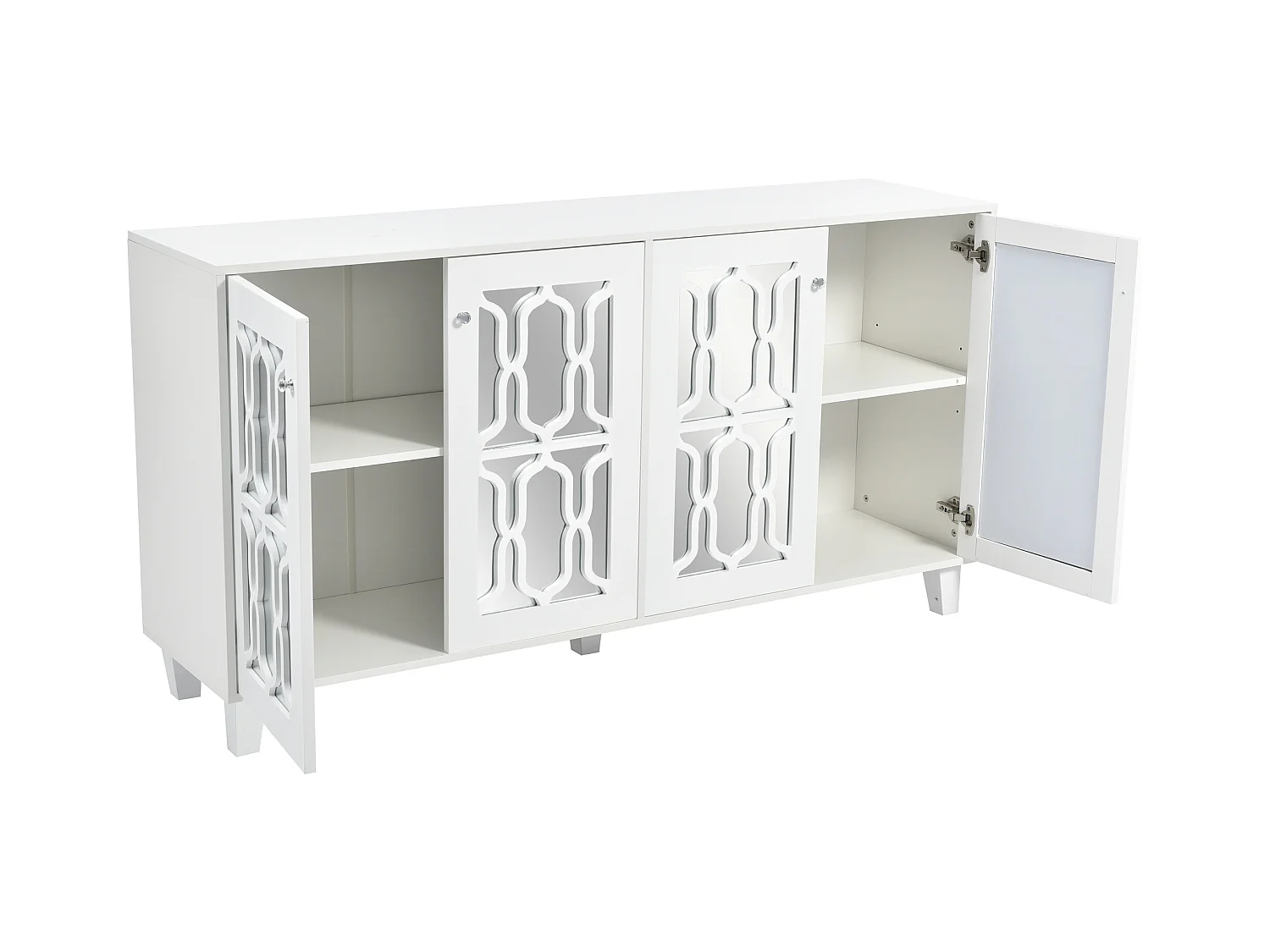 Buffet 160x40x84cm avec 4 portes en miroir, corps en blanc laqué