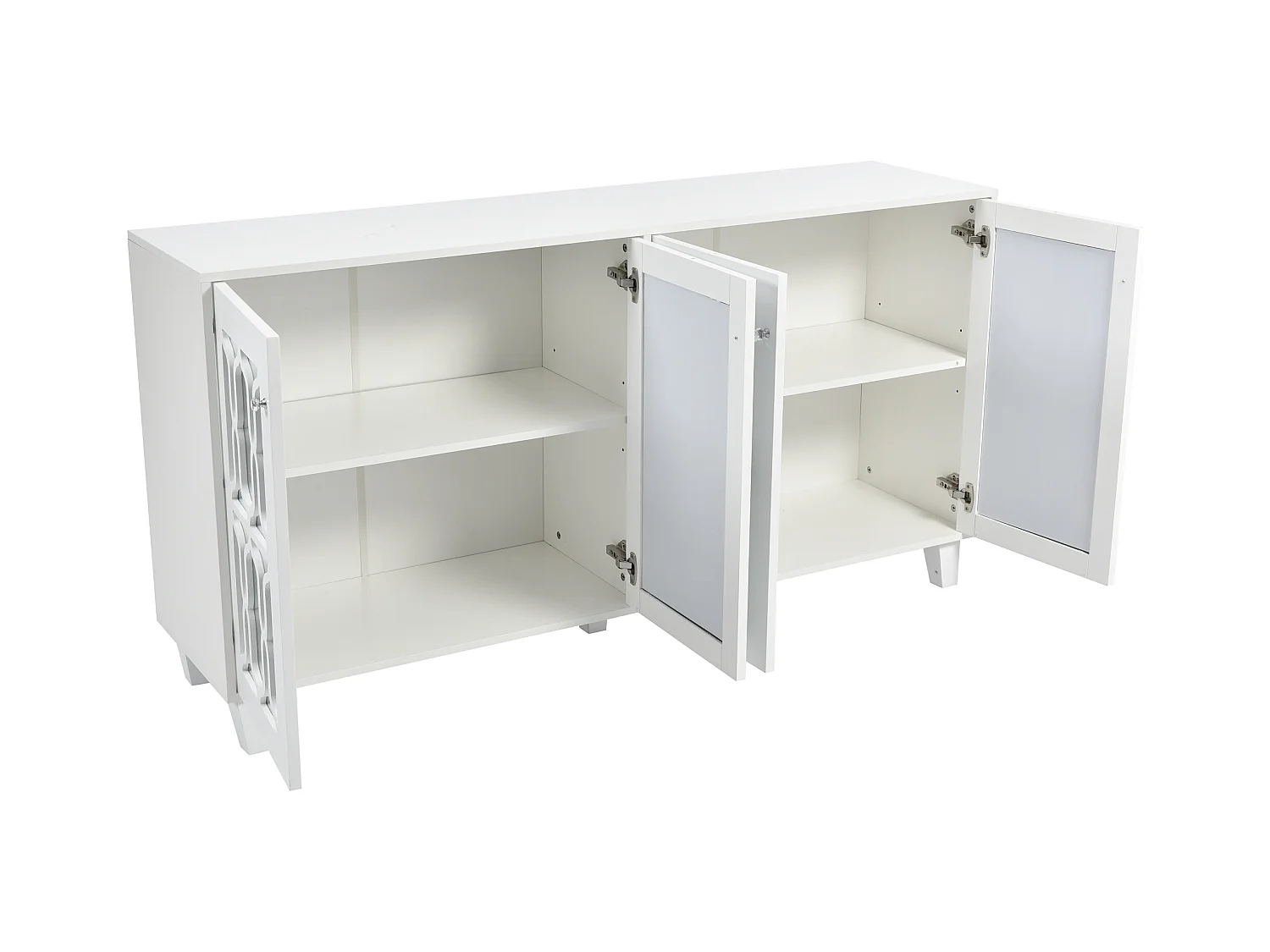 Buffet 160x40x84cm avec 4 portes en miroir, corps en blanc laqué