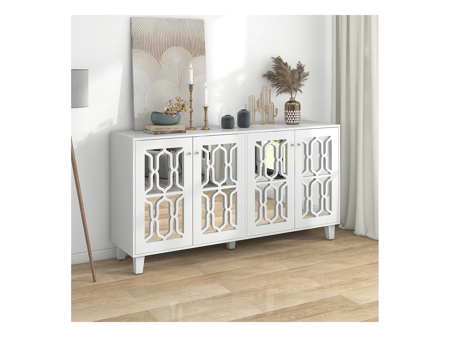 Dressoir 160x40x84cm met 4 spiegeldeuren, romp in wit gelakt