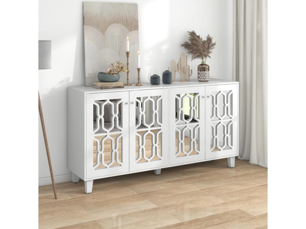Aparador 160x40x84cm con 4 puertas con espejo, cuerpo lacado en blanco