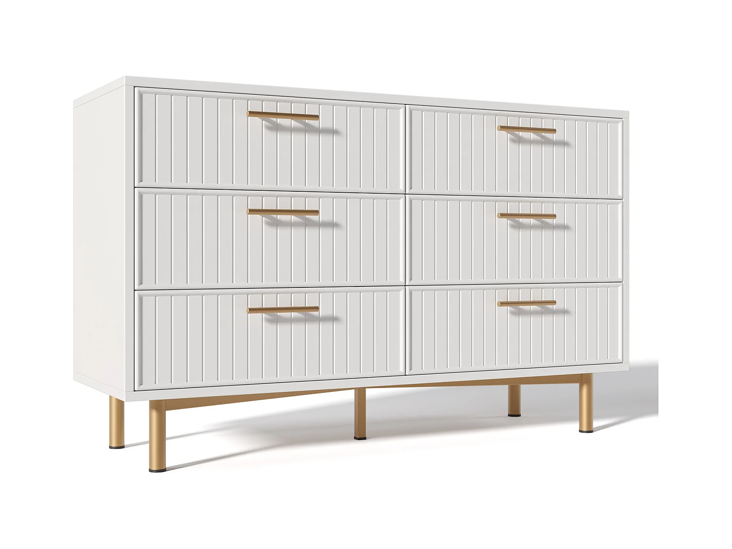 Buffet 120x40x75.5cm avec 6 tiroirs, pieds et poignées dorées, corps blanc