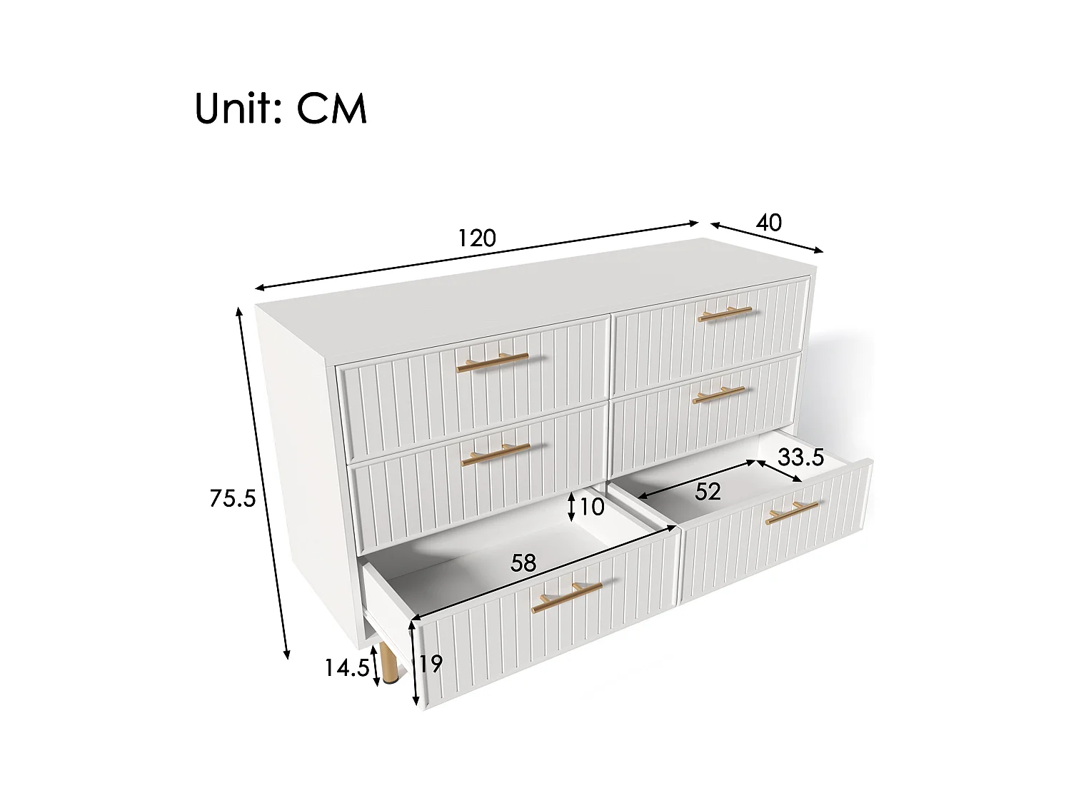 Buffet 120x40x75.5cm avec 6 tiroirs, pieds et poignées dorées, corps blanc
