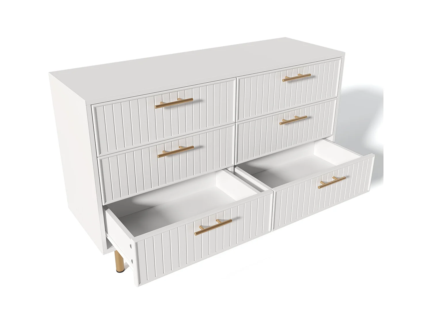 Buffet 120x40x75.5cm avec 6 tiroirs, pieds et poignées dorées, corps blanc