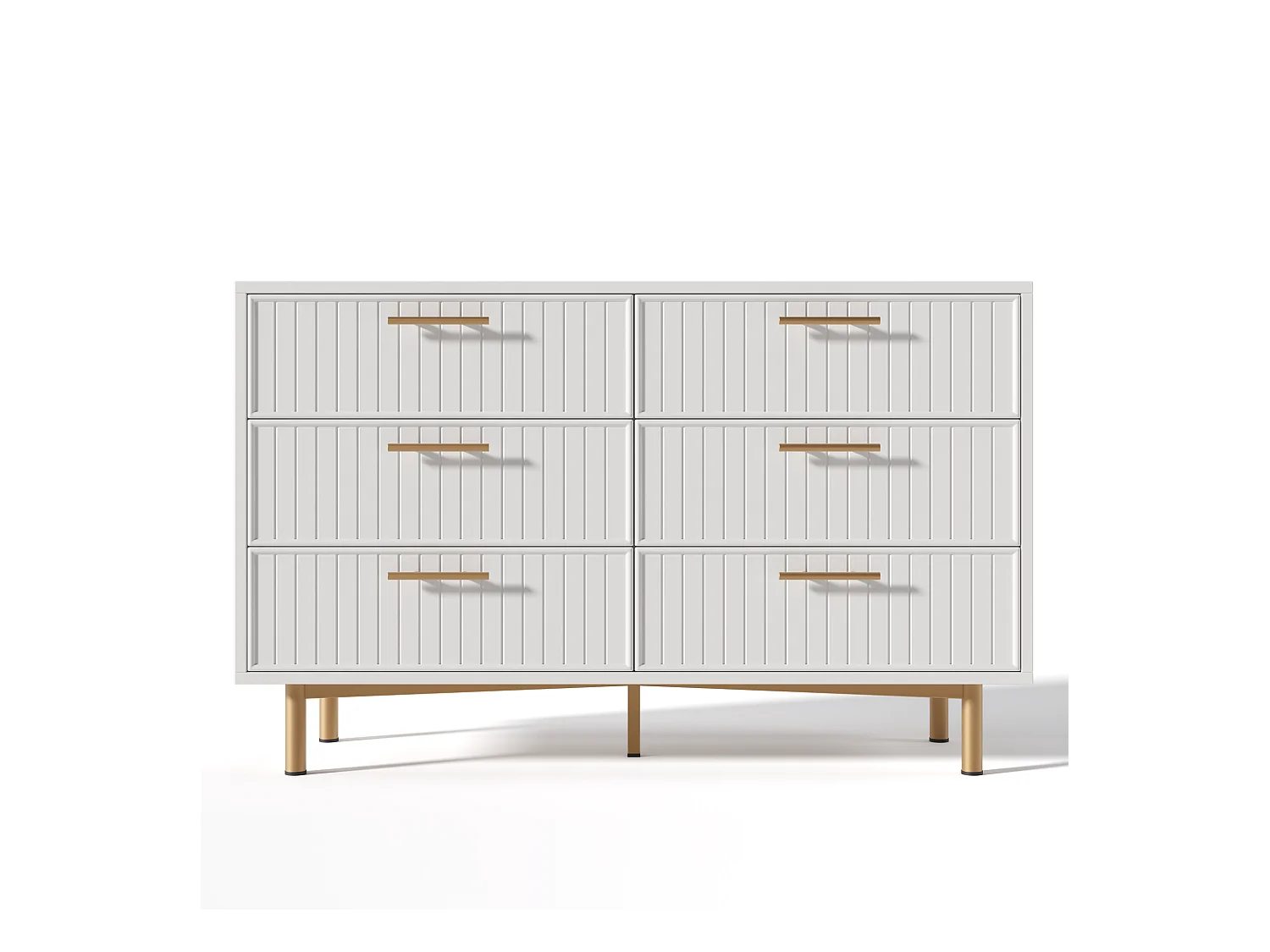 Buffet 120x40x75.5cm avec 6 tiroirs, pieds et poignées dorées, corps blanc