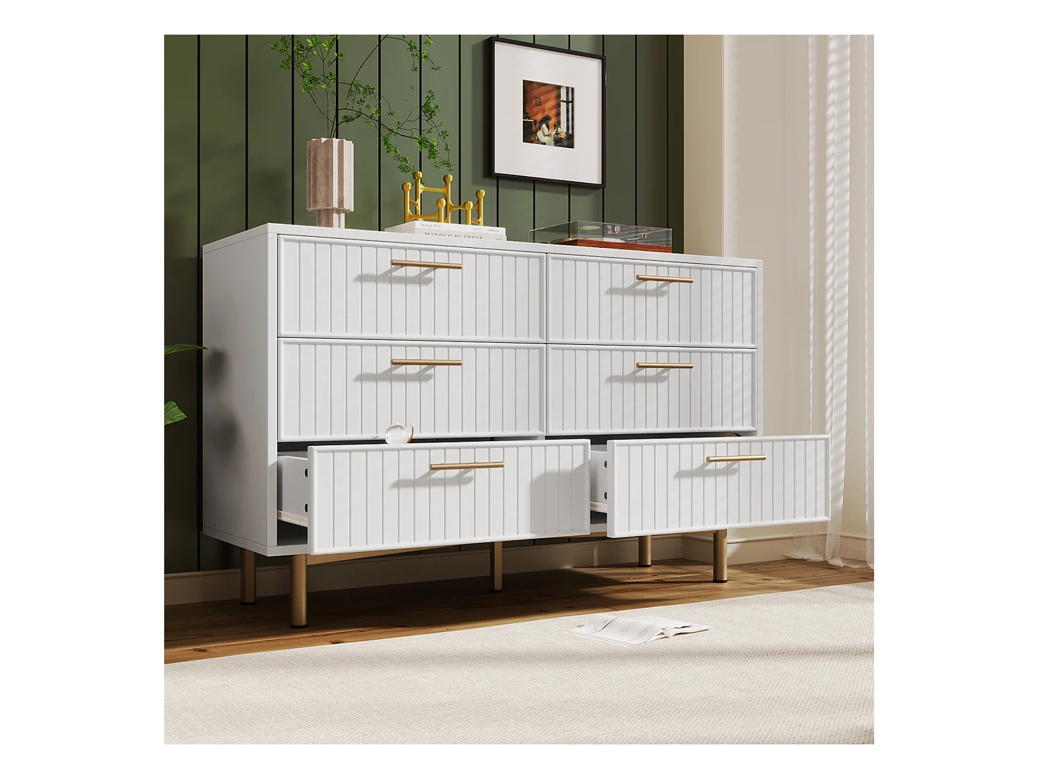 Buffet 120x40x75.5cm avec 6 tiroirs, pieds et poignées dorées, corps blanc