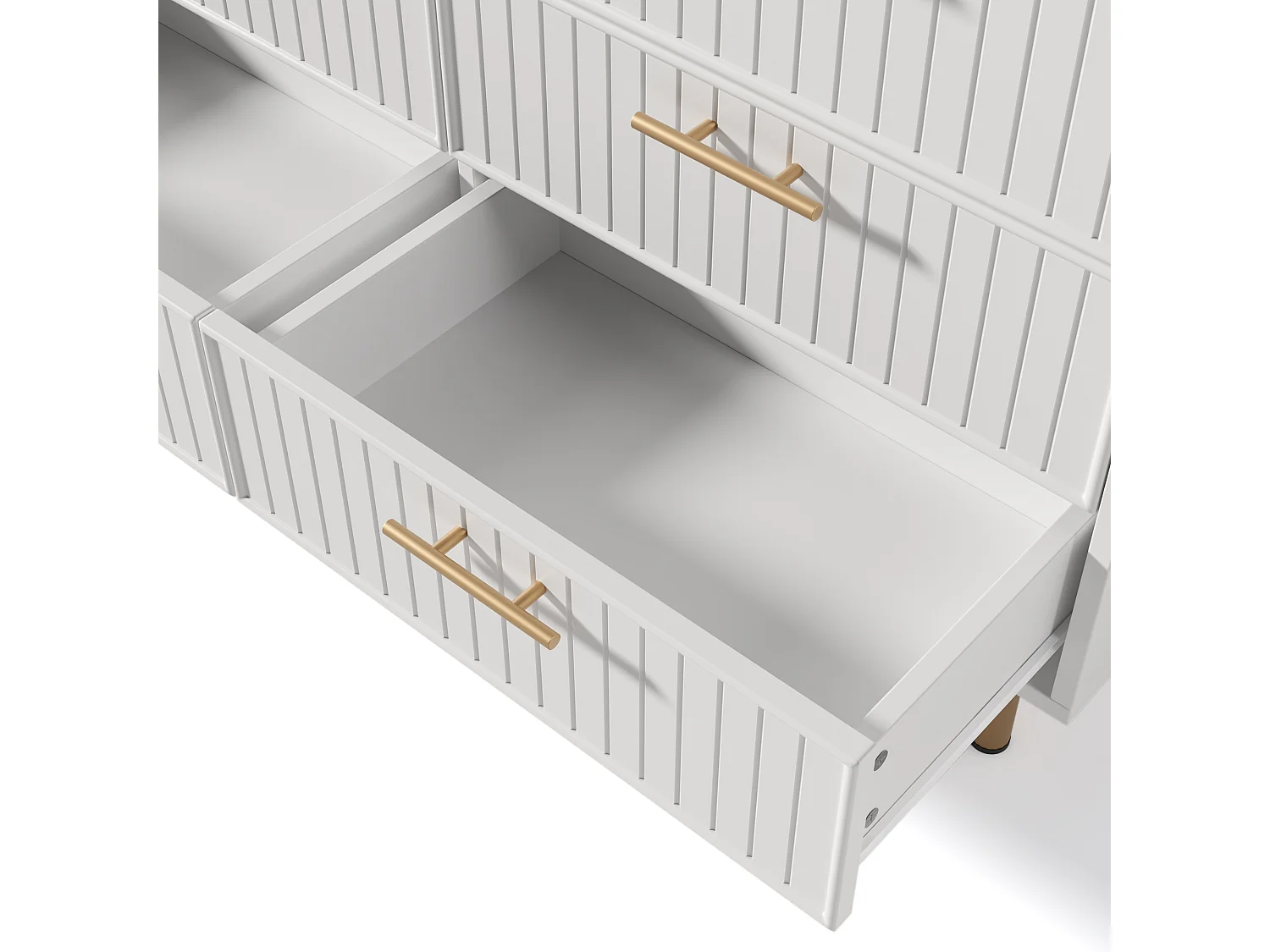 Buffet 120x40x75.5cm avec 6 tiroirs, pieds et poignées dorées, corps blanc