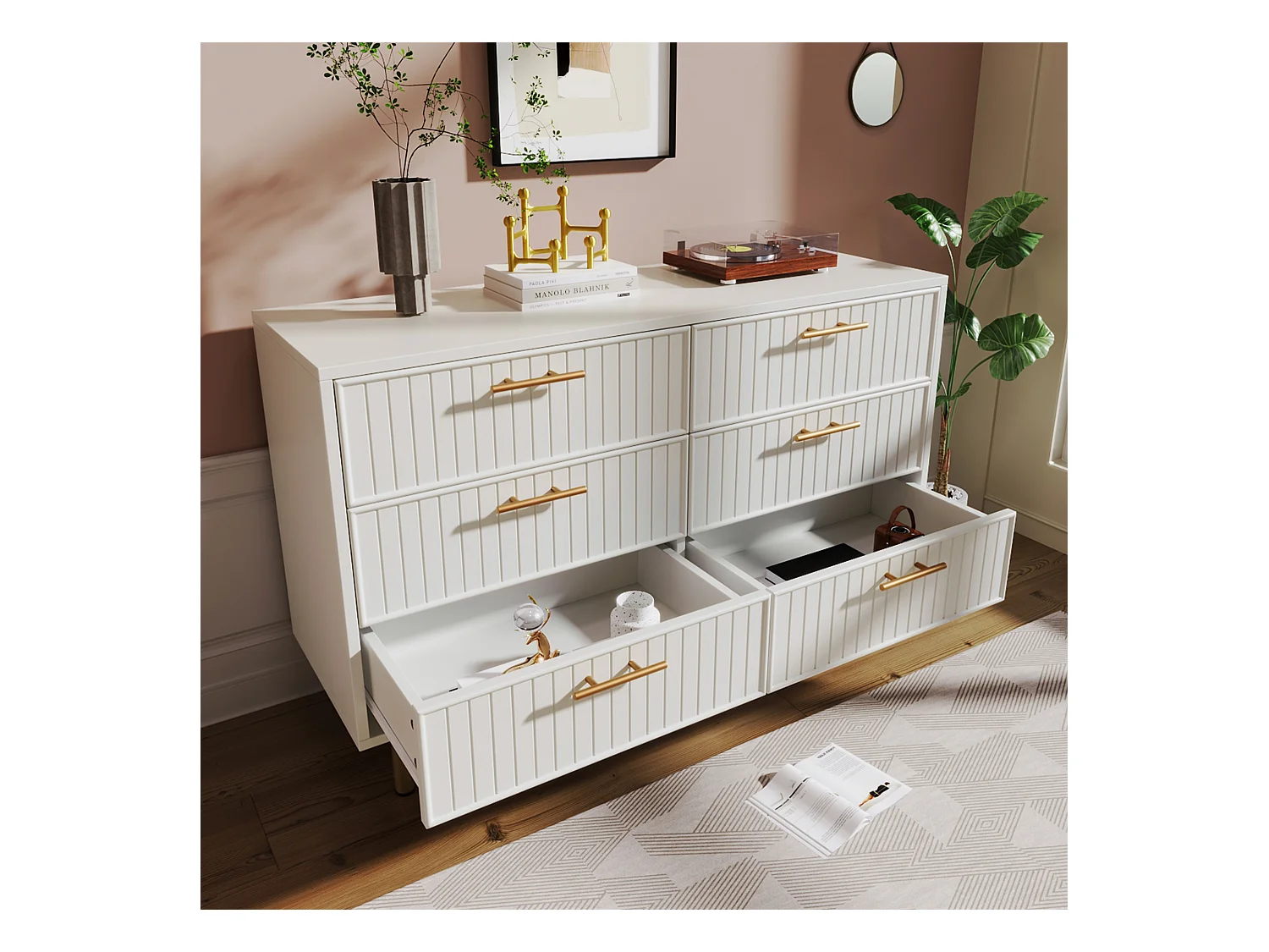 Buffet 120x40x75.5cm avec 6 tiroirs, pieds et poignées dorées, corps blanc
