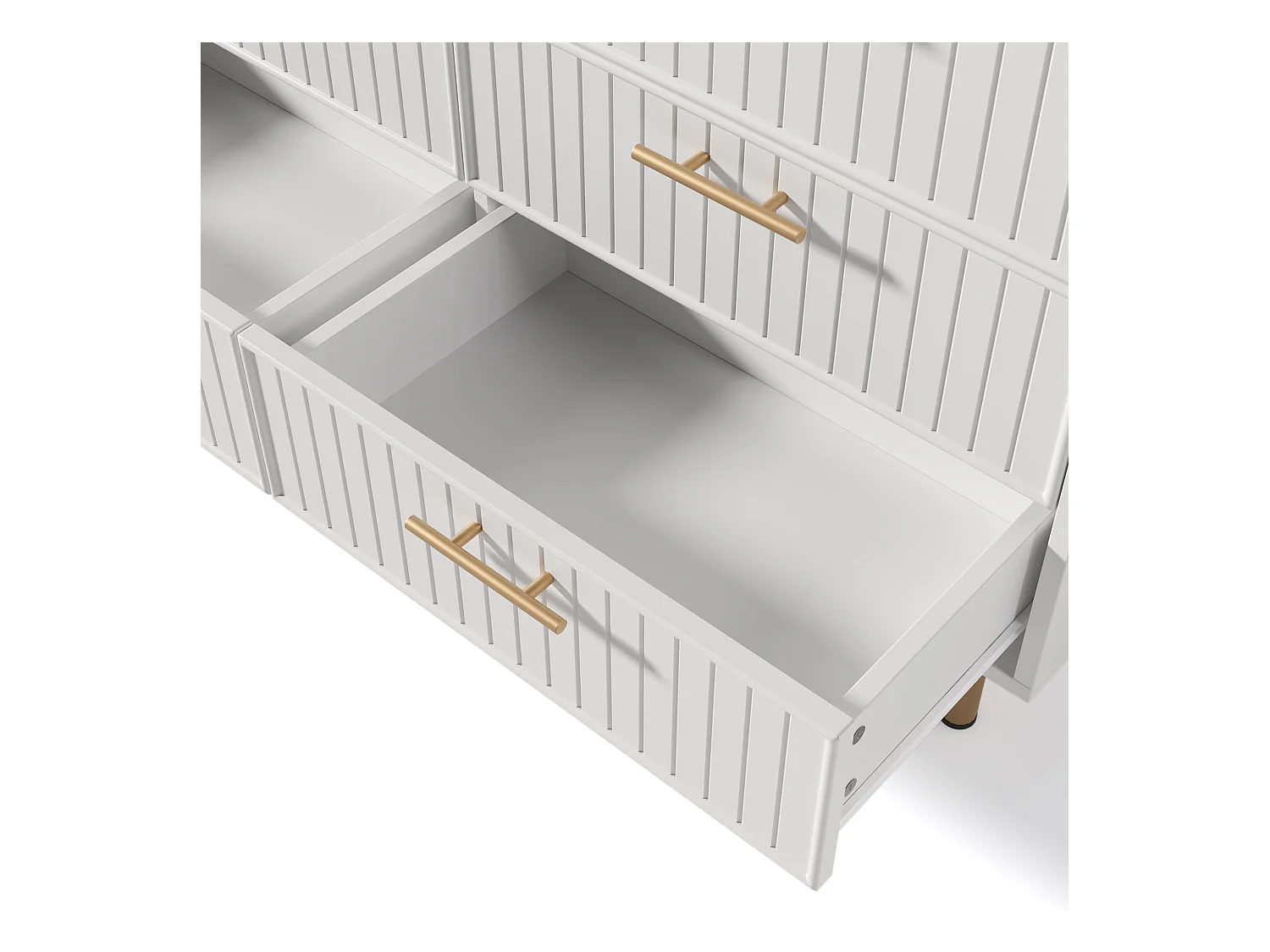 Buffet 120x40x75.5cm avec 6 tiroirs, pieds et poignées dorées, corps blanc
