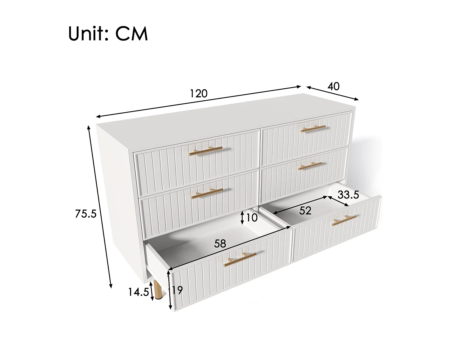 Buffet 120x40x75.5cm avec 6 tiroirs, pieds et poignées dorées, corps blanc