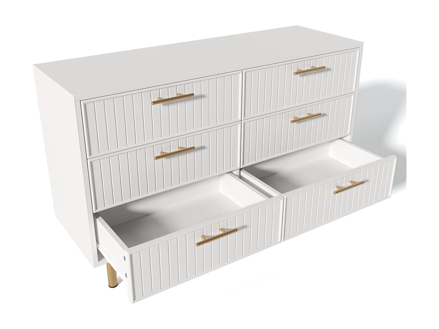 Buffet 120x40x75.5cm avec 6 tiroirs, pieds et poignées dorées, corps blanc