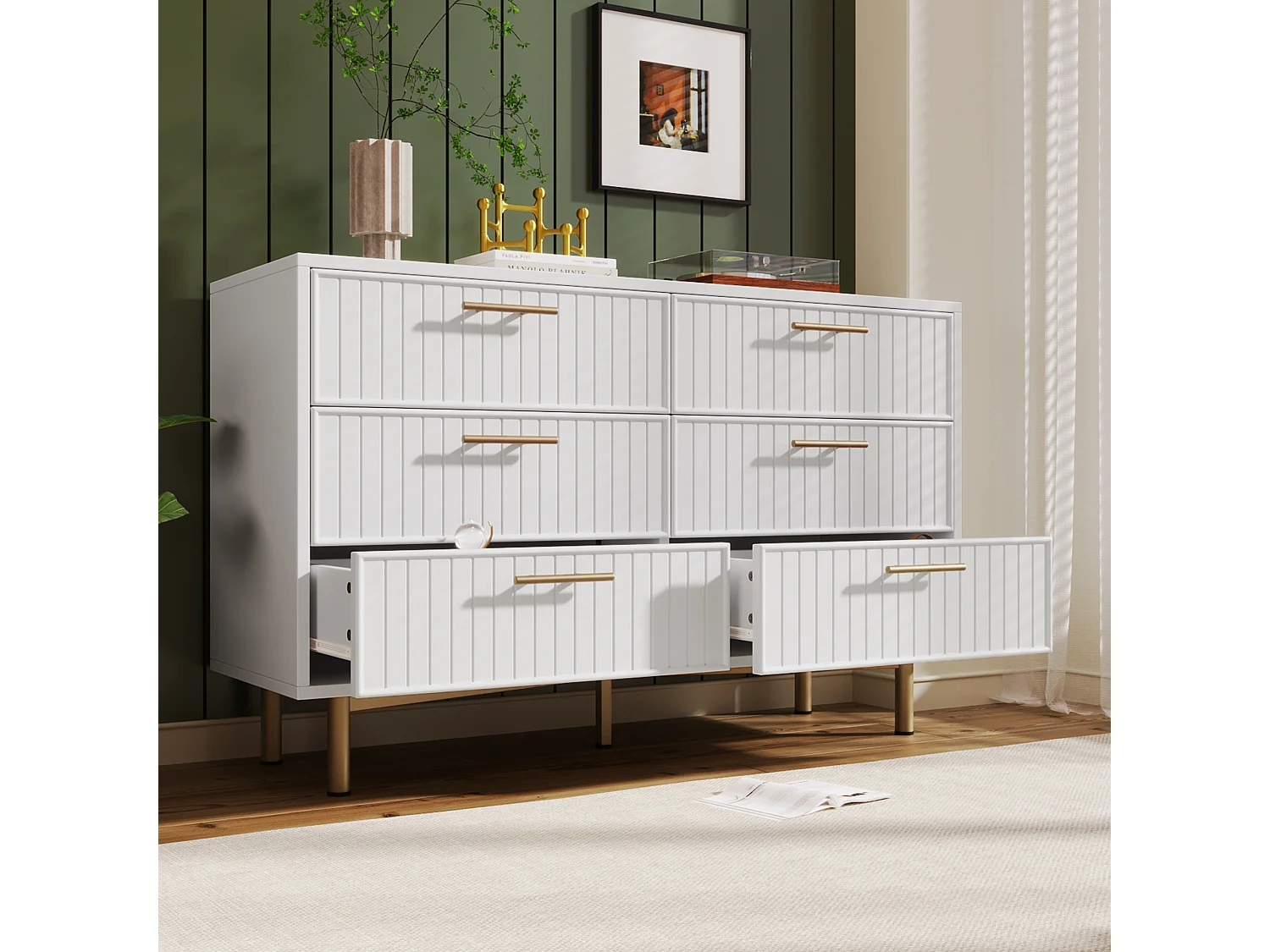 Buffet 120x40x75.5cm avec 6 tiroirs, pieds et poignées dorées, corps blanc