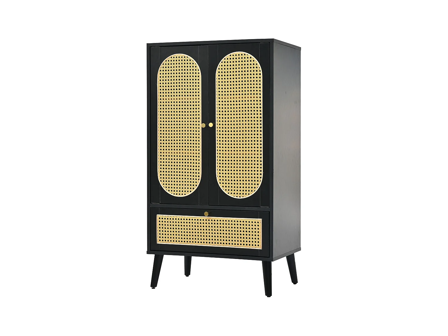 Keuken dressoir 60x40x110cm, 2 rotan deuren en 1 lade, hout, zwart