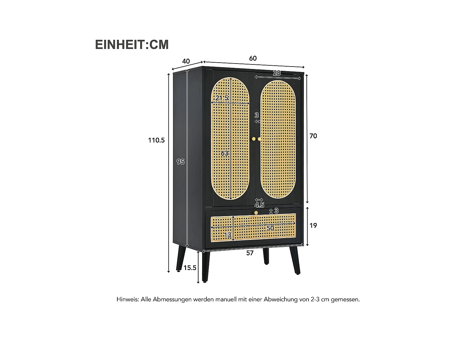 Keuken dressoir 60x40x110cm, 2 rotan deuren en 1 lade, hout, zwart