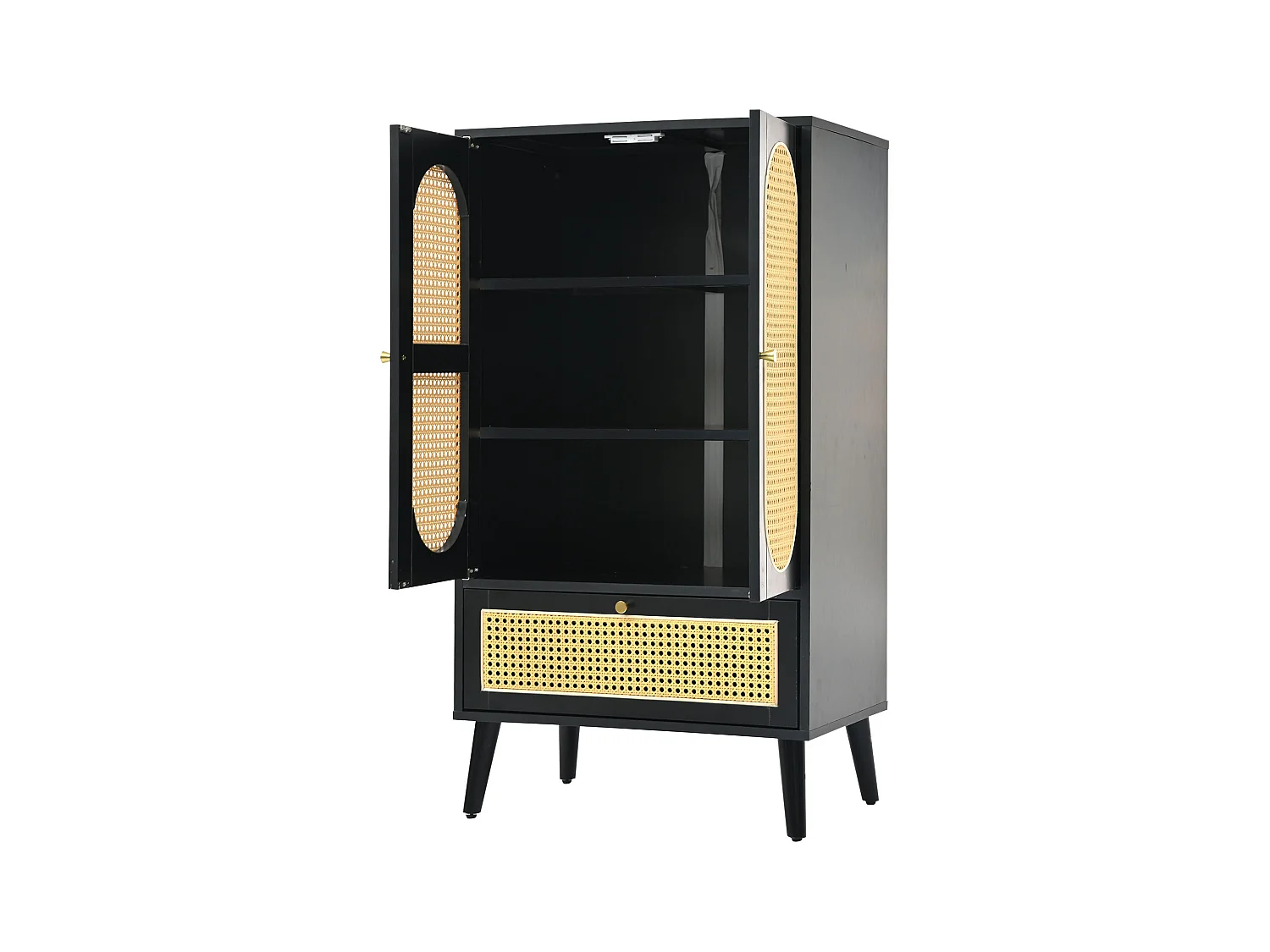 Keuken dressoir 60x40x110cm, 2 rotan deuren en 1 lade, hout, zwart