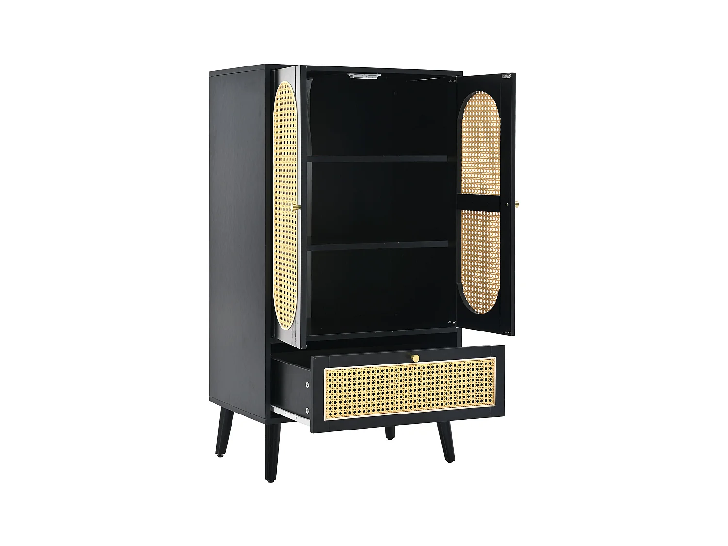 Keuken dressoir 60x40x110cm, 2 rotan deuren en 1 lade, hout, zwart