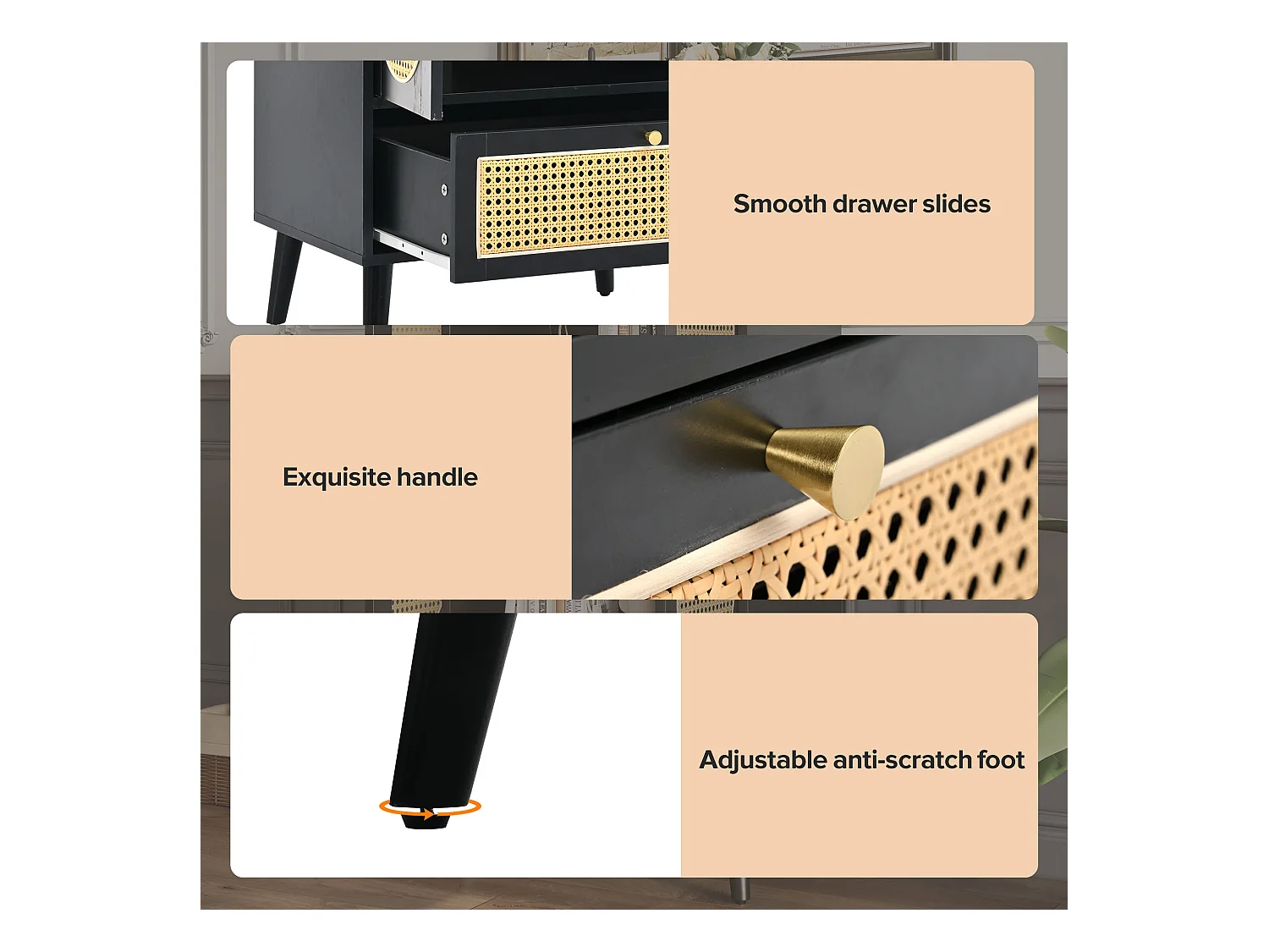 Keuken dressoir 60x40x110cm, 2 rotan deuren en 1 lade, hout, zwart